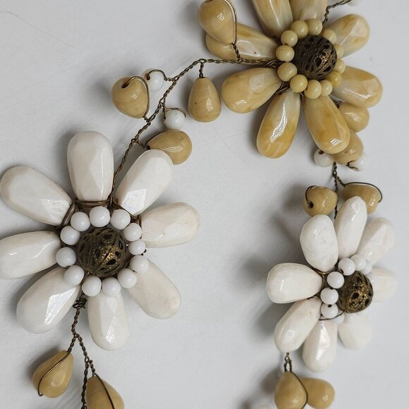 Boho Floral Necklace With Beige  White Polished Stones Chain Tassel Artisan - Picture 7 of 10